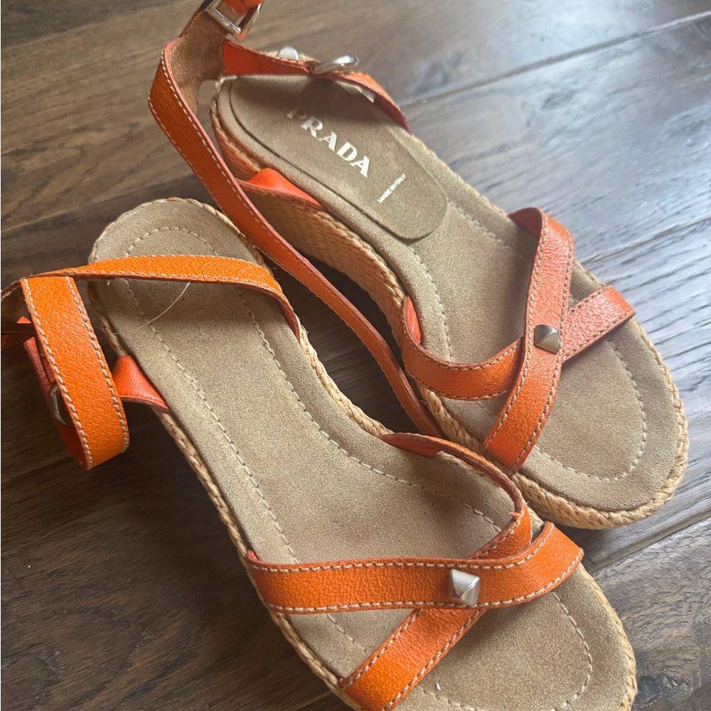 Prada Orange Tan Sandals with Block Heel